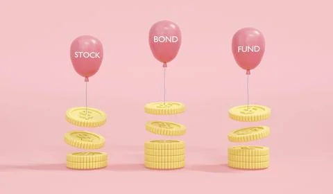 3D Rendering of floating balloos with word bond stock fund taking money coi.. Stock Illustration