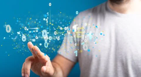 A 3D rendering of floating binary codes with hand touching it from behind- Bi Stock Photos