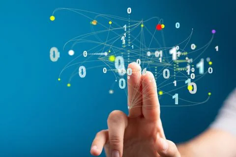 A 3D rendering of floating binary codes with hand touching it from behind- Bi Stock Photos
