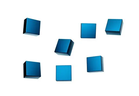 3D rendering of floating blue shiny cubes on white background. Stockillustratie