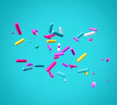 3D rendering of floating colorful cake sprinkles isolated on a bright cyan backg Stock Illustration