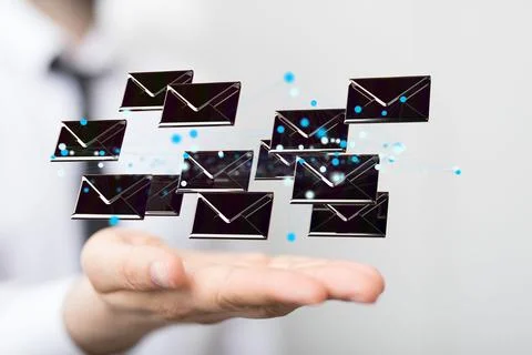 3d rendering of floating connected message icons on a palm of a hand Foto stock