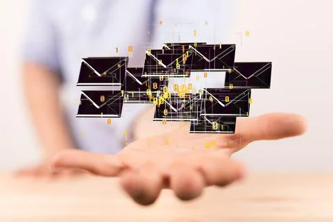 3d rendering of floating connected message icons on a palm of a hand Foto stock