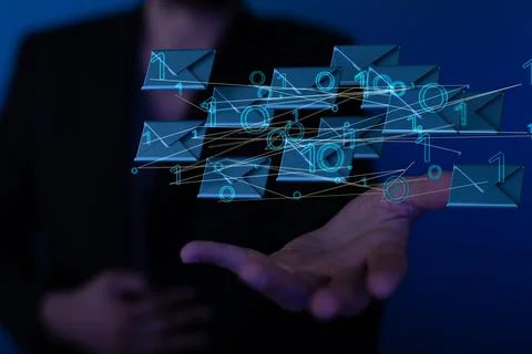 3d rendering of floating connected message icons on a palm of a hand Foto stock