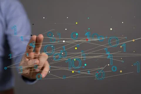 A 3D rendering floating connecting lines and binary digits on a man's hand -  Stockfoto's
