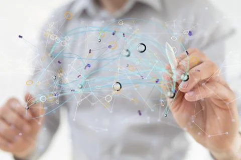 A 3D rendering floating connecting lines and binary digits on a man's hand -  Stock Photos