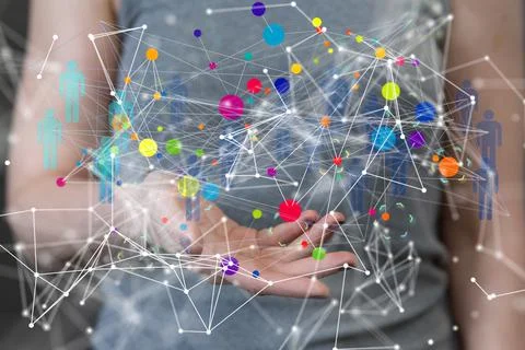 A 3D rendering of floating digital data network symbol on hand- organizationa Stock Photos