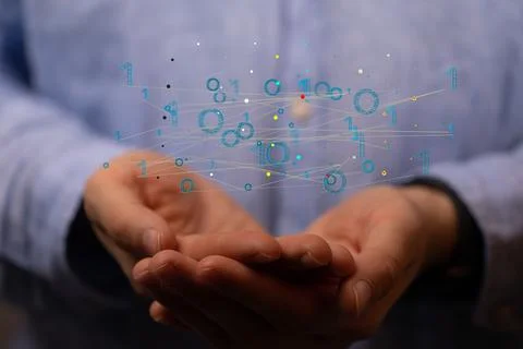 3D rendering of floating digital data network symbol on hand Stock Photos