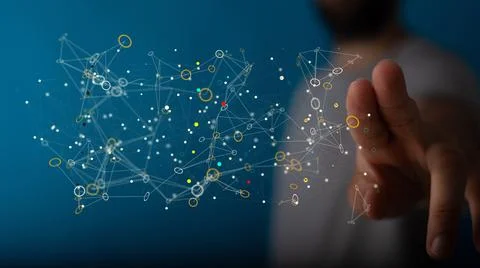 3D rendering of floating digital data network symbol on hand Stock Photos