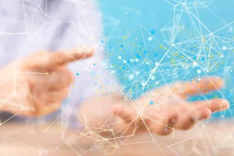 3D rendering of floating digital data network symbol on hand Stock Photos