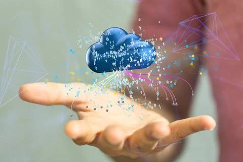 3D rendering of floating digital data network symbol and cloud Stock Photos