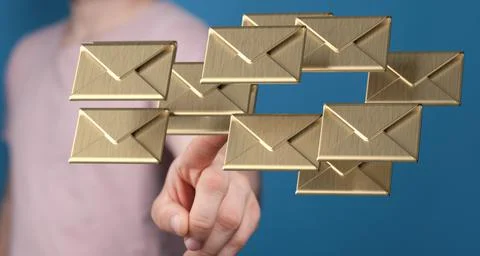 A 3D rendering of floating digital envelopes with hand tapping behind it-onli Stock Photos