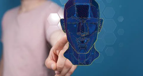 A 3D rendering of floating digital head with hand pointing on it-brain networ Foto stock
