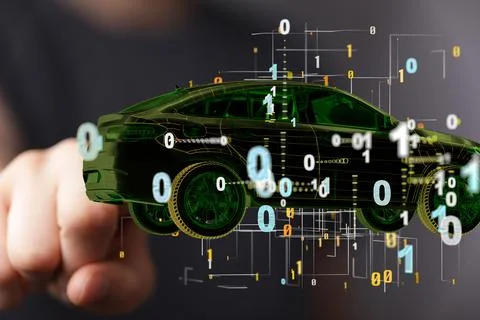 A 3d rendering of floating Electro car and binary codes with a hand tapping o Stock Photos