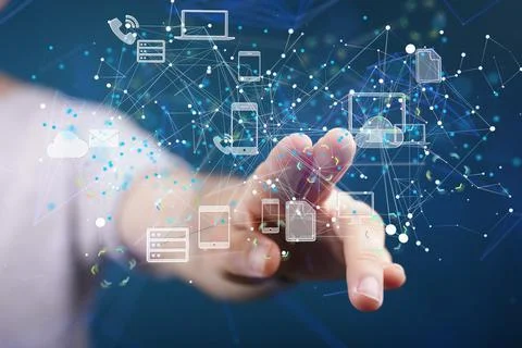 3D rendering of floating electronic devices with hand touching it from behind Stockfoto's