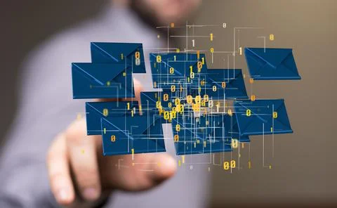 3d rendering of floating email icons with binary codes and a hand pointing at 스톡 사진