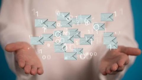 3d rendering of floating email icons with binary codes over hands Stock Photos