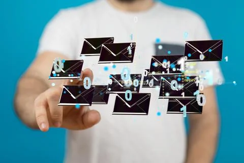 3d rendering of floating email icons with binary codes and a hand pointing at 스톡 사진