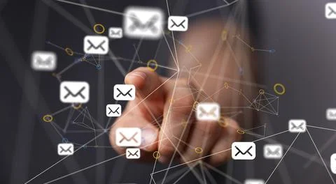 A 3D rendering of floating envelopes with hand touching it from behind-online Stock Photos