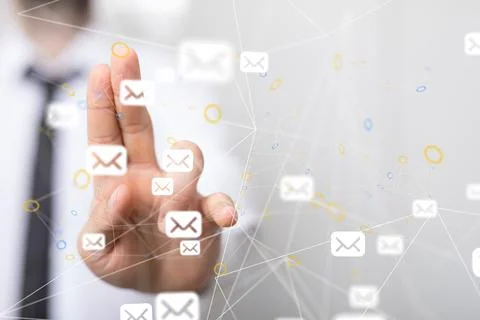 A 3D rendering of floating envelopes with hand touching it from behind-online Stock Photos