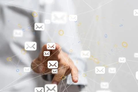 A 3D rendering of floating envelopes with hand touching it from behind-online Stock Photos