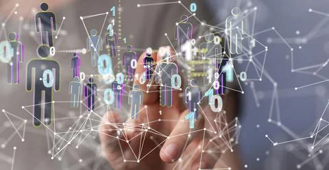 3D rendering of floating human icons with binary codes- social network connectio 写真素材