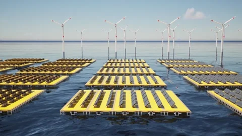 3d rendering floating solar panels with wind turbines on offshore platform Stock Footage 341914200