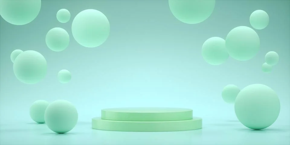 3D rendering of floating spheres and a podium in empty space for a product sh Stock Illustration