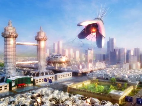 A 3D rendering of a flourishing futuristic sci-fi city with skyscrapers, floa Stock Illustration