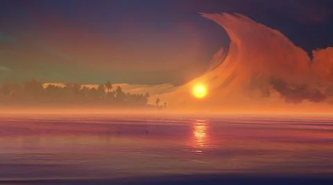 3D rendering of the fluffy clouds gleaming during the sunset Stock Illustration