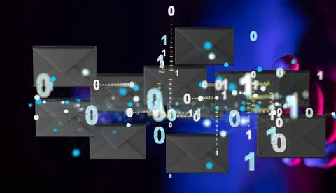 3d rendering of flying emails and binary codes. Stock Photos