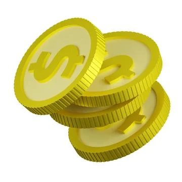 3D rendering of flying falling gold coins with sign of American dollar. Sym.. Stock Illustration