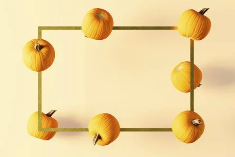 3D rendering of flying pumpkins around a golden rectangle frame. Usable for Stock Illustration
