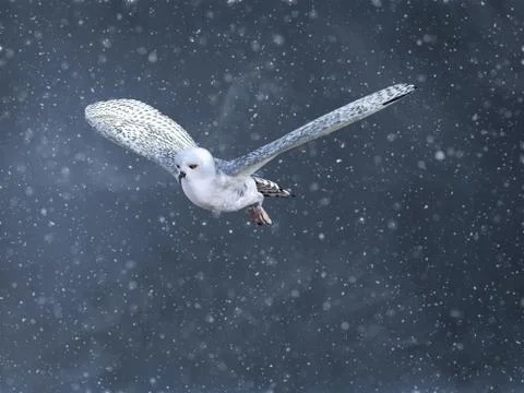 3D rendering of a flying snow owl in a winter storm. Stock Illustration
