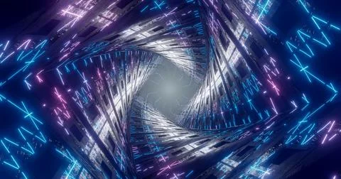 3D rendering. Flying through an endless luminous tunnel. Design with neon lum Stock Illustration