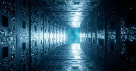 3D rendering. Flying through an endless luminous tunnel. Design with neon lum Stock Illustration