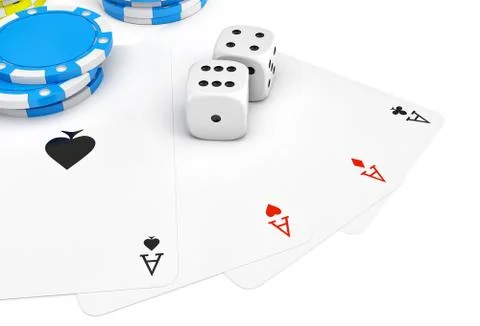 3d rendering of four different ace cards with casino chip stacks and white dice. 스톡 일러스트