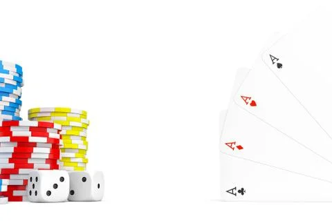 3d rendering of four different ace cards with casino chip stacks and white dice. Illustration