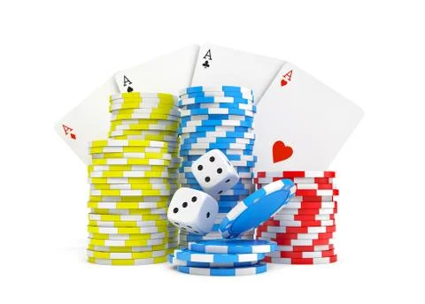 3d rendering of four different ace cards with casino chip stacks and white dice. Stock Illustration