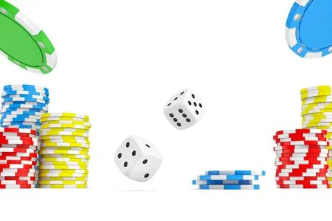 3d rendering of four different ace cards with casino chip stacks and white dice. Stock-Illustration