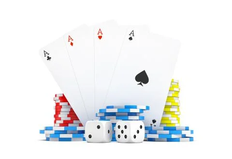 3d rendering of four different ace cards with casino chip stacks and white dice. Stock Illustration