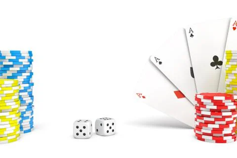 3d rendering of four different ace cards with casino chip stacks and white dice. Stock Illustration
