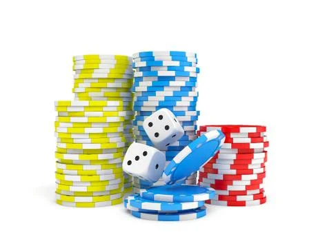 3d rendering of four different ace cards with casino chip stacks and white dice. イラスト素材