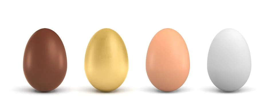 3d rendering of four eggs of different colors, a chocolate, a golden, a brown Stock Illustration