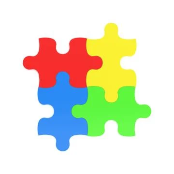 3d rendering of four multicolored puzzle pieces interconnected on white Stock Illustration