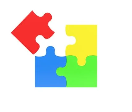 3d rendering of four multicolored puzzle pieces isolated on white background. Ilustración de archivo