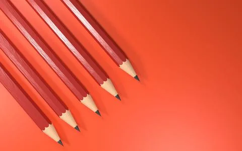 3D RENDERING FOUR RED PENCILS ON A RED BACKGROUND, SCHOOL TIME 스톡 일러스트