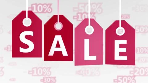 3d rendering of four retro sales tags placed diagonally of red, pink, and pup Stock Illustration