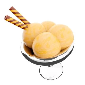 3d rendering four scoops of ice cream in a glass icon. 3d render vanilla ice Stock Illustration