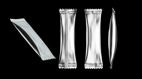 3d rendering of four silver metallic foil packs for candy on a black background Stock Photos